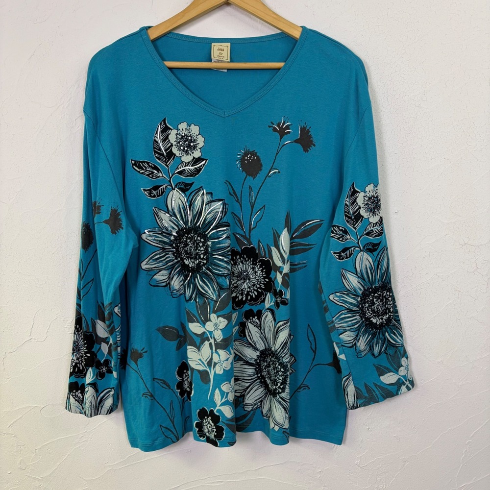 Jess Jane Floral Top Women 3X Blue Long Sleeve V Neck Cotton Art To Wear